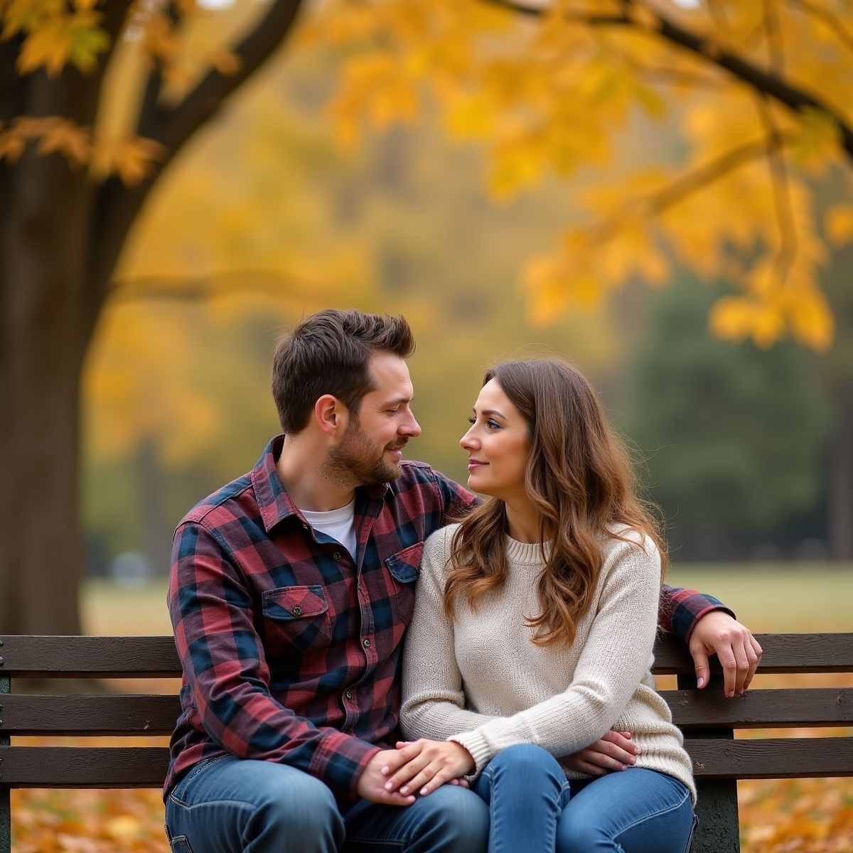 A serene park setting during autumn, where Jack and Rebecca Pearson share a quiet moment on a wooden bench. Jack, wearing a casual plaid shirt and jeans, exudes warmth and strength. Rebecca, in a light sweater and jeans, gazes at him with admiration. The golden leaves fall gently around them, and the sun casts a soft glow on their faces. This peaceful scene exudes love and understanding amidst nature’s beauty.