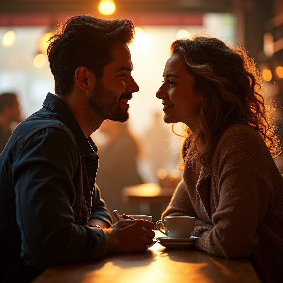 A couple locking eyes for the first time in a bustling coffee shop, their expressions glowing with an unspoken connection, the background alive with muted chatter and warm golden light.