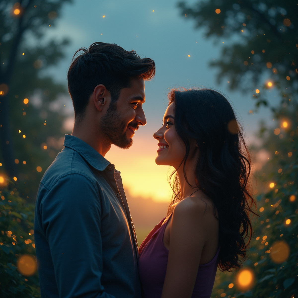 A couple standing in a lush garden at dusk, the woman gazing into the man's eyes with a serene smile, while fireflies twinkle in the background and a gentle breeze rustles the leaves.