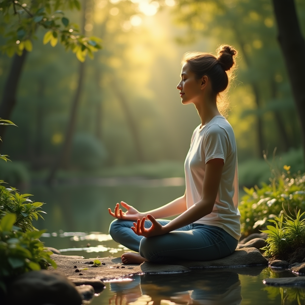 A serene scene of a person meditating in a peaceful garden, embodying inner peace and self-awareness achieved through reflection.