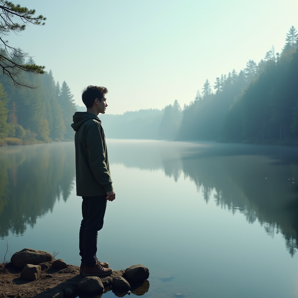 A person standing at the edge of a mirror lake, seeing their reflection clearly for the first time, signifying self-awareness and acceptance.