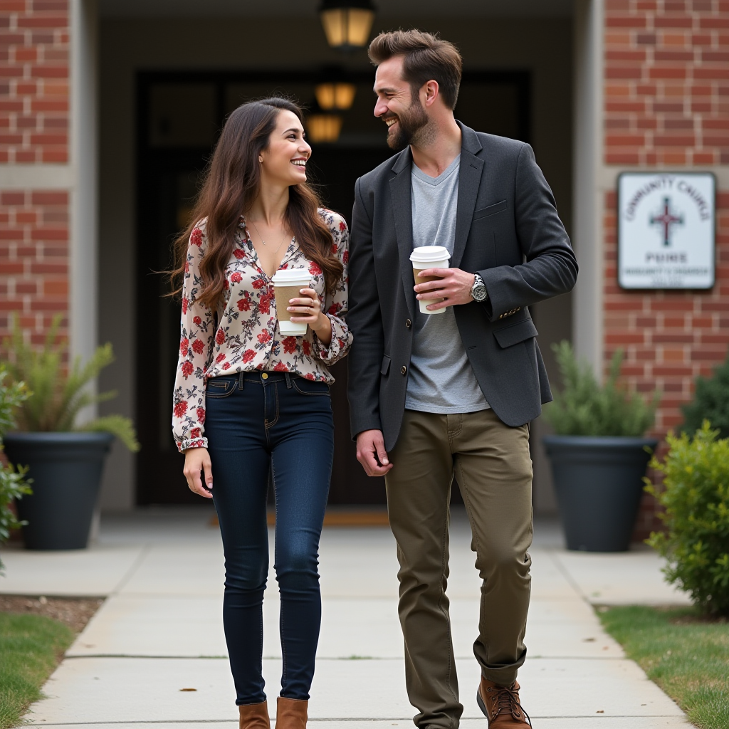 A contemporary church service: a young woman in dark skinny jeans, a modest floral blouse, and ankle boots, paired with a man in a casual blazer over a T-shirt and chinos, both holding coffee cups outside a community church.