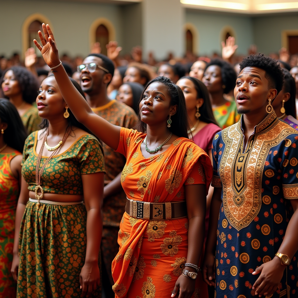 A celebration of diversity: women in a multicultural church wearing traditional African prints, saris, and embroidered tunics, alongside men in coordinated formal and cultural attire, worshiping with arms raised.