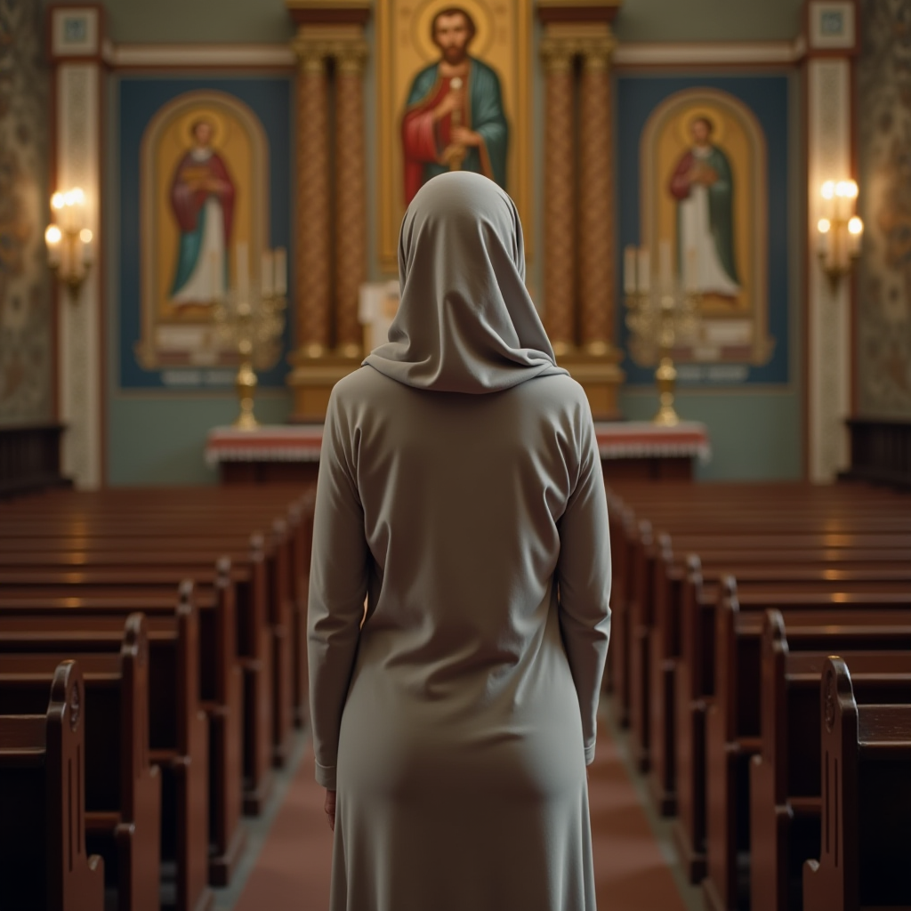 A minimalist Orthodox church setting: a woman in a solid-colored long dress with a light scarf covering her head, standing in quiet reverence, with ornate icons and candlelight in the background.