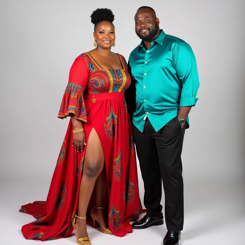 A bold Pentecostal church outfit: a woman in a flowing red dress with vibrant patterns, statement earrings, and matching heels, standing beside a man in a bright teal shirt with tailored black pants.