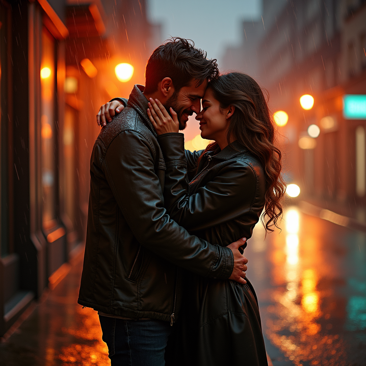 A passionate couple locked in an embrace in a rain-soaked city street, droplets glistening as they fall, their faces illuminated by a soft streetlight, exuding fiery, eternal love.