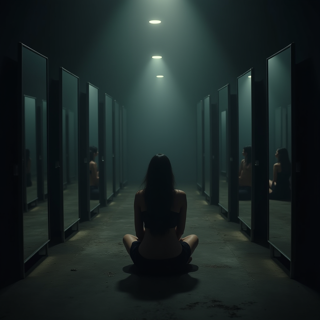 A person sitting alone in a dimly lit room, surrounded by mirrors reflecting different versions of themselves, representing self-reflection and inner conflict.