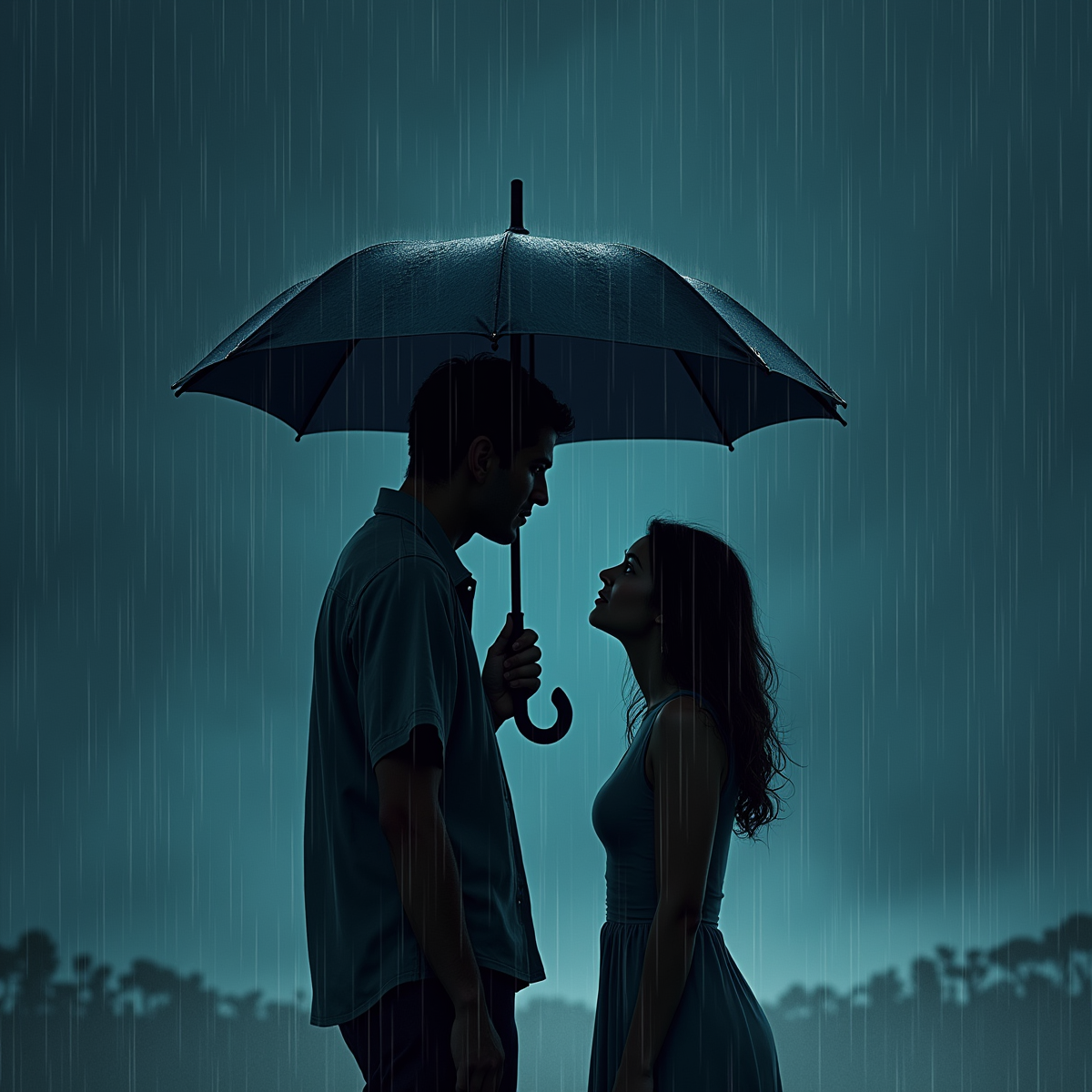 A stormy night scene with two people under a single umbrella, rain pouring heavily. The woman looks up at the man, vulnerability in her eyes, while he gazes distantly into the rain.