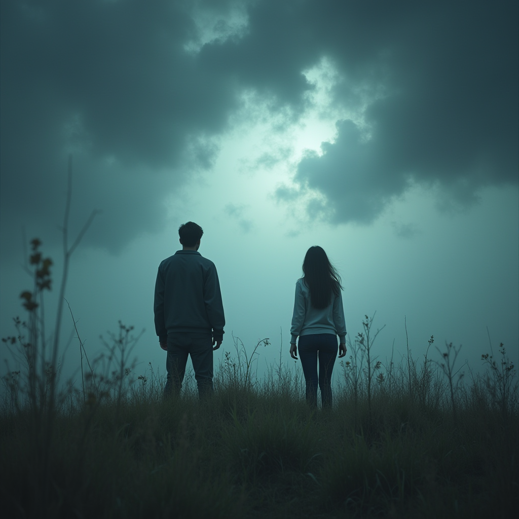 A couple standing in a stormy landscape, with one person looking calm and the other appearing overwhelmed, symbolizing the tumultuous emotions in a toxic relationship.