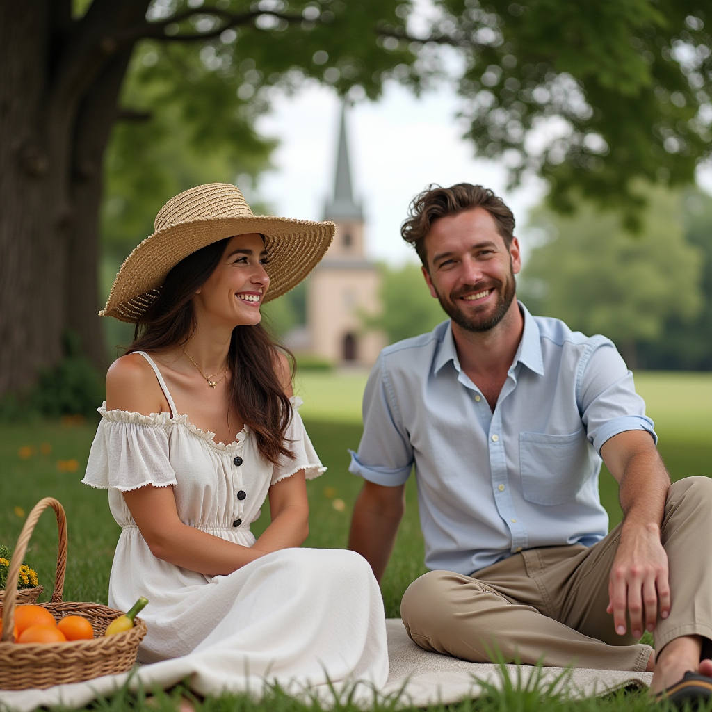 A summer church picnic scene: a woman in a breathable linen midi dress with a straw hat, and a man in a short-sleeve button-up shirt with chinos, both seated under a tree with a church steeple in the distance.