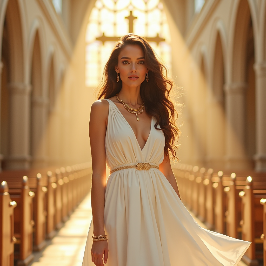 A symbolic church outfit: a woman in a white midi dress representing purity, paired with gold jewelry as a nod to heavenly streets of gold, standing under a church's golden cross.