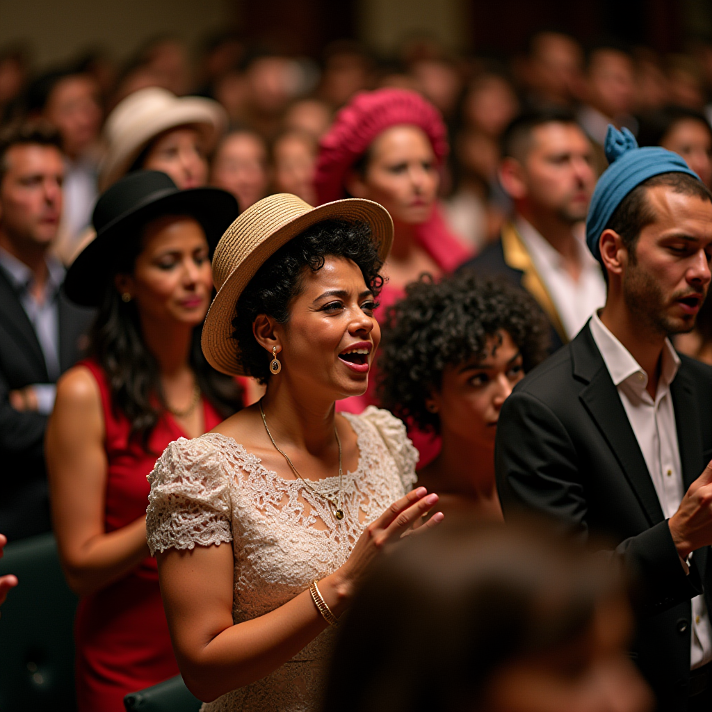 A vibrant church congregation featuring women in colorful hats and elegant dresses, men in three-piece suits, all singing joyfully under soft lighting. The focus is on their intricate attire and expressions of devotion.