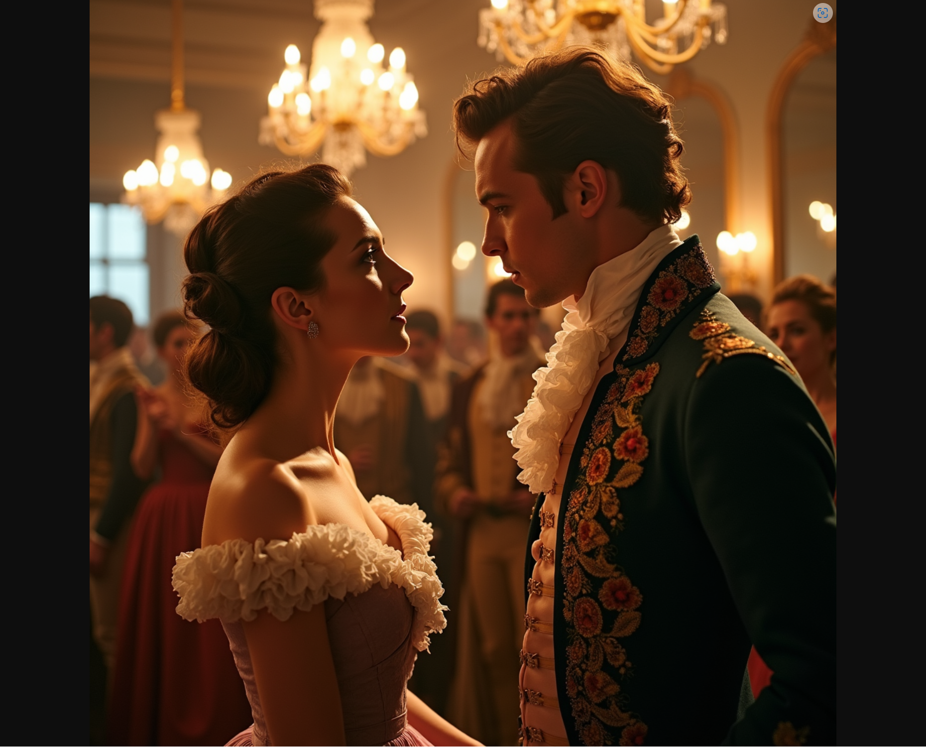 A candlelit ballroom in 1700s England, with elegant chandeliers casting soft light over the intricately embroidered waistcoats and powdered wigs of the gentlemen. A woman in a pastel gown, her eyes catching a gentleman's gaze across the room, a subtle yet intense connection forming between them.