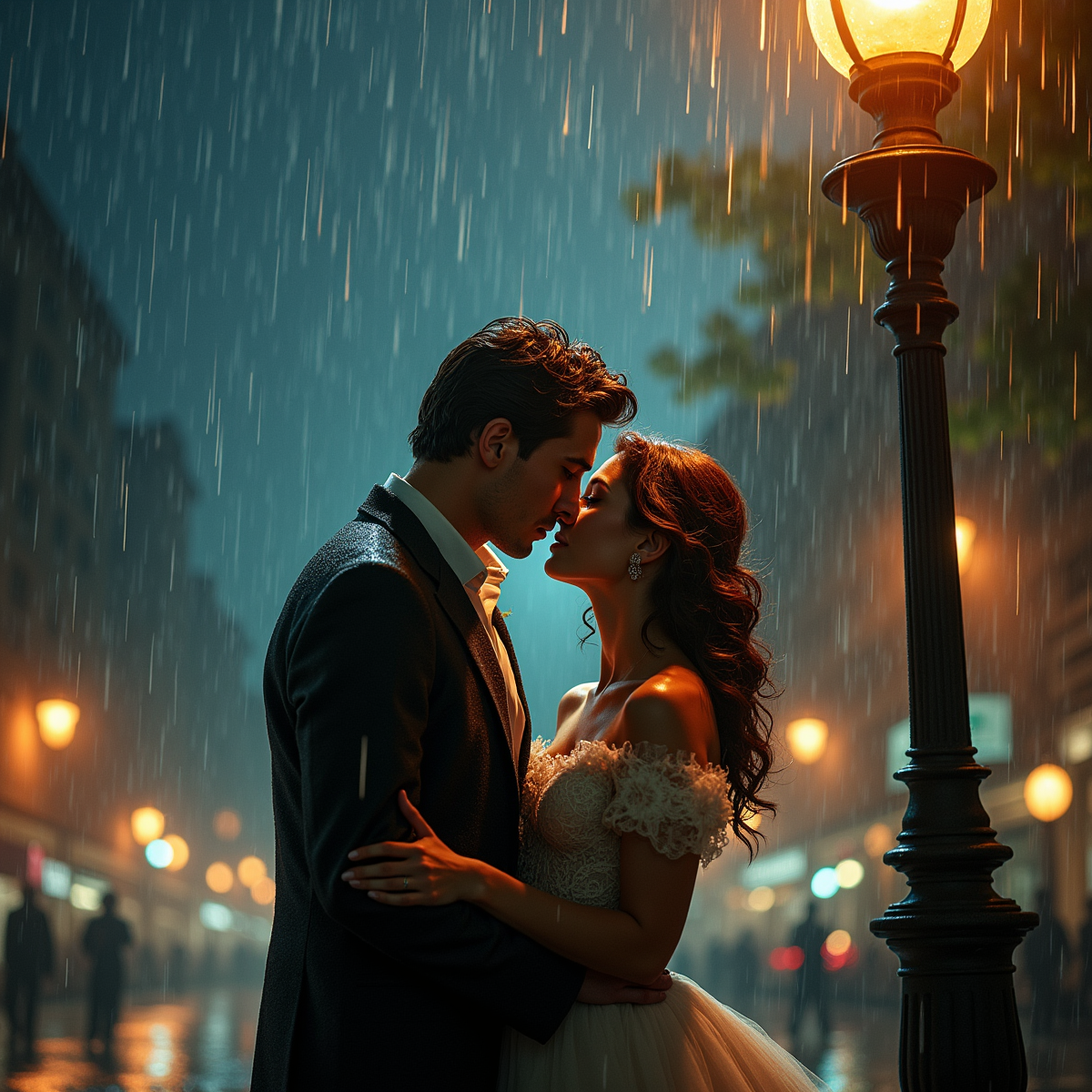 A whimsical scene from a classic love story unfolds as two characters embrace under a rain-soaked streetlamp at night, reminiscent of old film romances. Their clothes are drenched, and their faces are illuminated with passion and longing against the backdrop of softly falling rain and city lights.