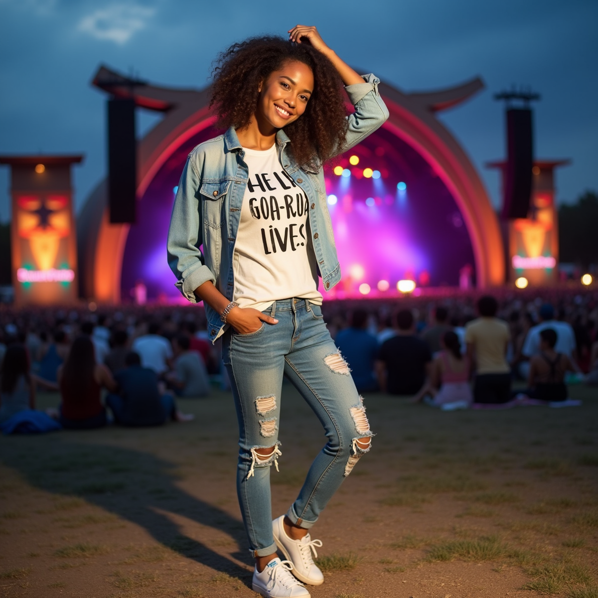 A relaxed outfit featuring a soft cotton t-shirt with a positive message, paired with distressed denim jeans, comfortable white sneakers, and a light denim jacket, set against a lively outdoor concert stage filled with colorful lights and a cheering crowd.