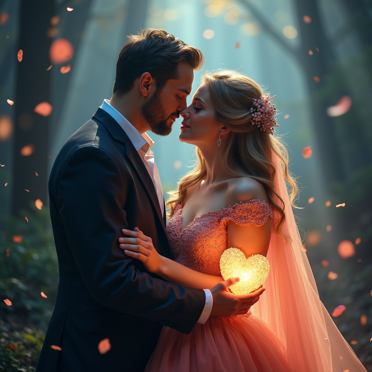 An enchanting evening setting where a couple dances under fairy lights in a lush garden, surrounded by blooming flowers and twinkling stars, capturing the magical essence of love in its purest form.