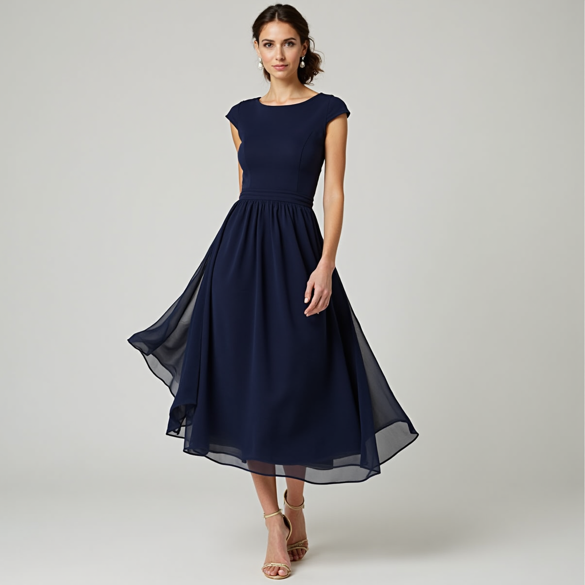 A sophisticated knee-length cocktail dress in deep navy blue, featuring a fitted bodice with cap sleeves, a cinched waist, and a flowing skirt that twirls gracefully, paired with delicate pearl earrings and strappy heels for an elegant wedding guest look.