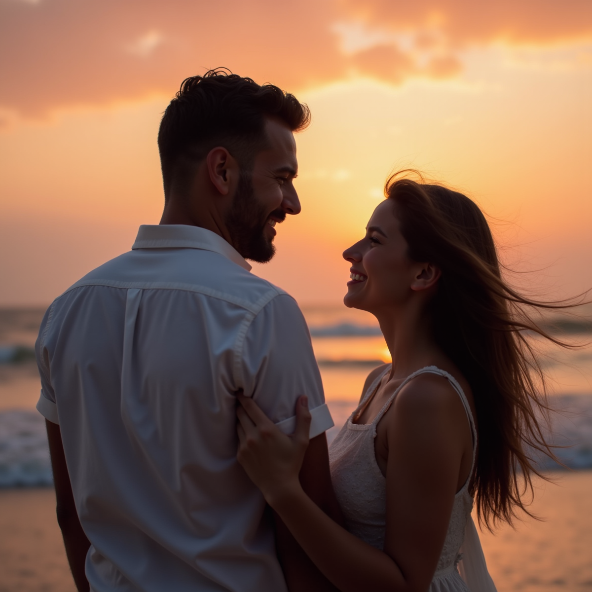 A couple standing hand-in-hand on a beach at sunset, their silhouettes highlighted by the orange and pink hues in the sky. The man’s eyebrows are slightly raised as he looks adoringly at the woman, while she has a soft smile on her lips, her hair gently blowing in the breeze.