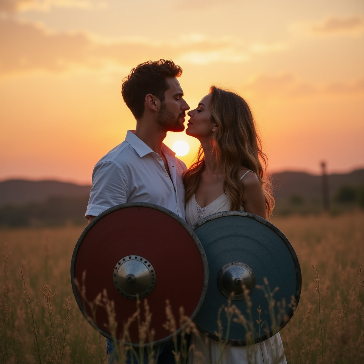 A couple standing in a serene meadow, both with their shields laid down, symbolizing vulnerability and openness. Their expressions are soft and gentle, with eyes closed, trusting the moment. The sun sets in the background, painting the sky in warm hues of orange and pink.